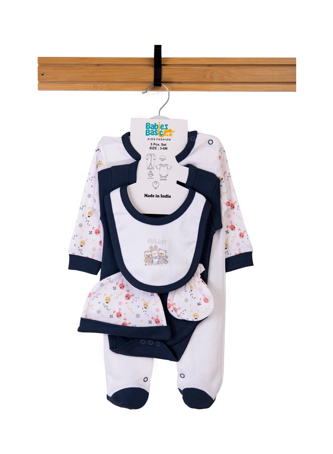 5 Piece Unisex 100% Cotton Gift Set Include Bib, Romper, Mittens, Cap And Sleepsuit/Jumpsuit- Hug Day