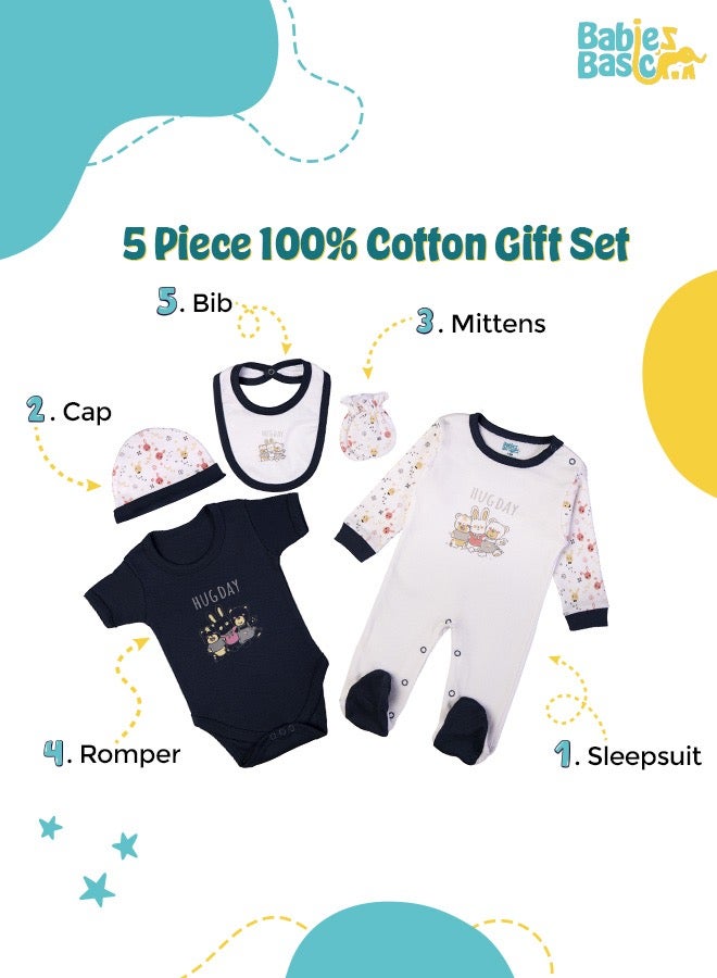 5 Piece Unisex 100% Cotton Gift Set Include Bib, Romper, Mittens, Cap And Sleepsuit/Jumpsuit- Hug Day