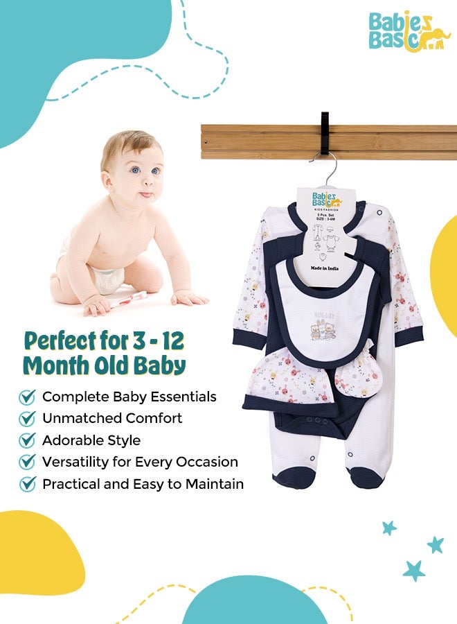 5 Piece Unisex 100% Cotton Gift Set Include Bib, Romper, Mittens, Cap And Sleepsuit/Jumpsuit- Hug Day