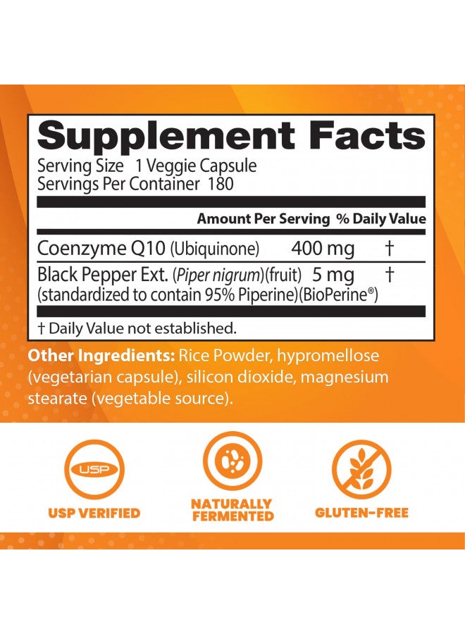 Doctor's Best High Absorption CoQ10 with BioPerine, Non-GMO, Gluten Free, Naturally Fermented, Vegan, Heart Health & Energy Production, 400 mg, 180 Veggie Caps