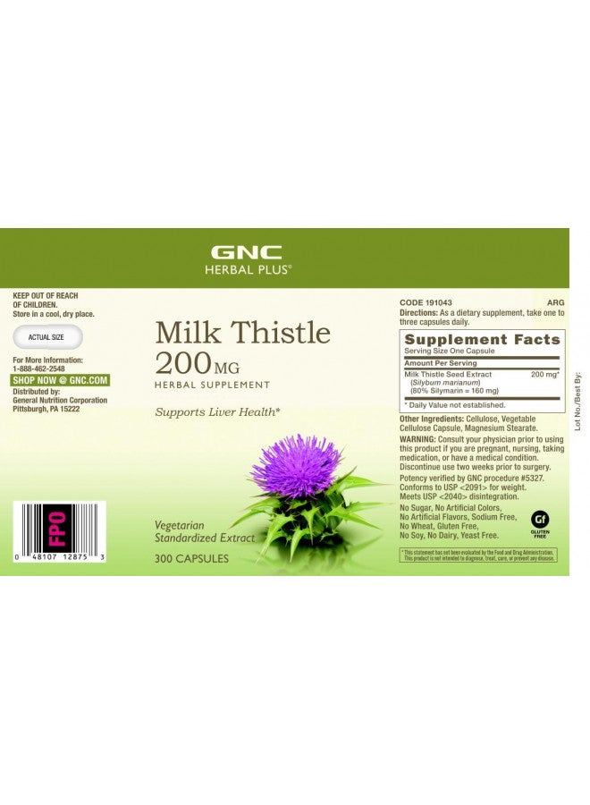 Gnc Herbal Plus Milk Thistle 200Mg | Supports Healthy Liver Function | Vegetarian | 300 Count