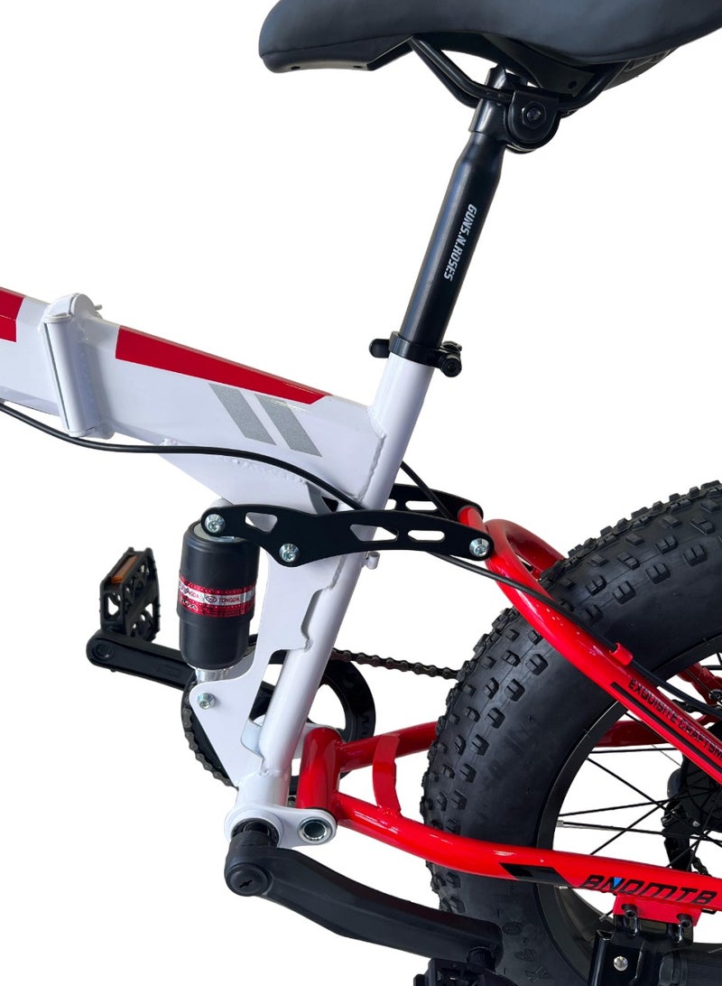 Shard Fat Tire foldig bike, High-Carbon Steel Frame Cruiser Bikes, Beach Snowmobile Bicycle, Double Disc Brake 20 Inch Wheels 21 speed Adult Mountain Bike, Red/white