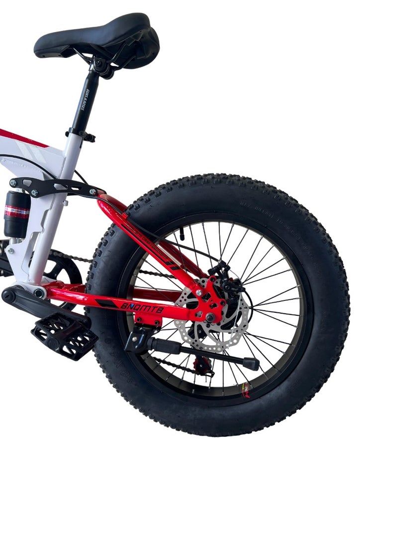 Shard Fat Tire foldig bike, High-Carbon Steel Frame Cruiser Bikes, Beach Snowmobile Bicycle, Double Disc Brake 20 Inch Wheels 21 speed Adult Mountain Bike, Red/white