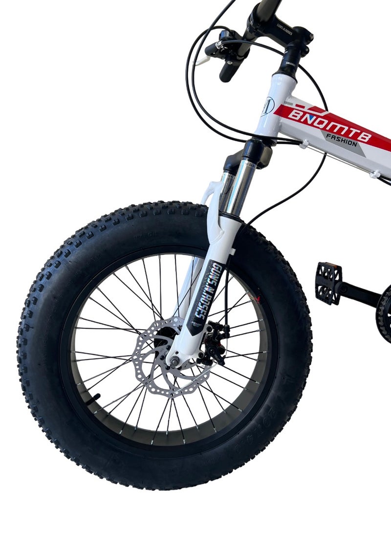 Shard Fat Tire foldig bike, High-Carbon Steel Frame Cruiser Bikes, Beach Snowmobile Bicycle, Double Disc Brake 20 Inch Wheels 21 speed Adult Mountain Bike, Red/white