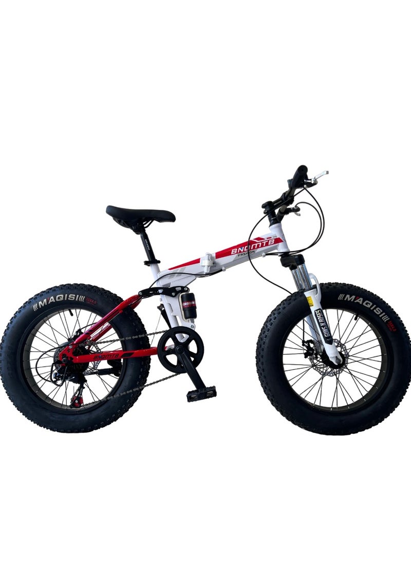 Shard Fat Tire foldig bike, High-Carbon Steel Frame Cruiser Bikes, Beach Snowmobile Bicycle, Double Disc Brake 20 Inch Wheels 21 speed Adult Mountain Bike, Red/white