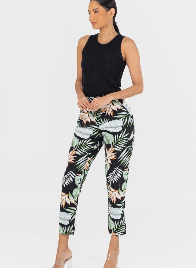 Tropical Print High-Waisted Elastic Waist Pants - Black