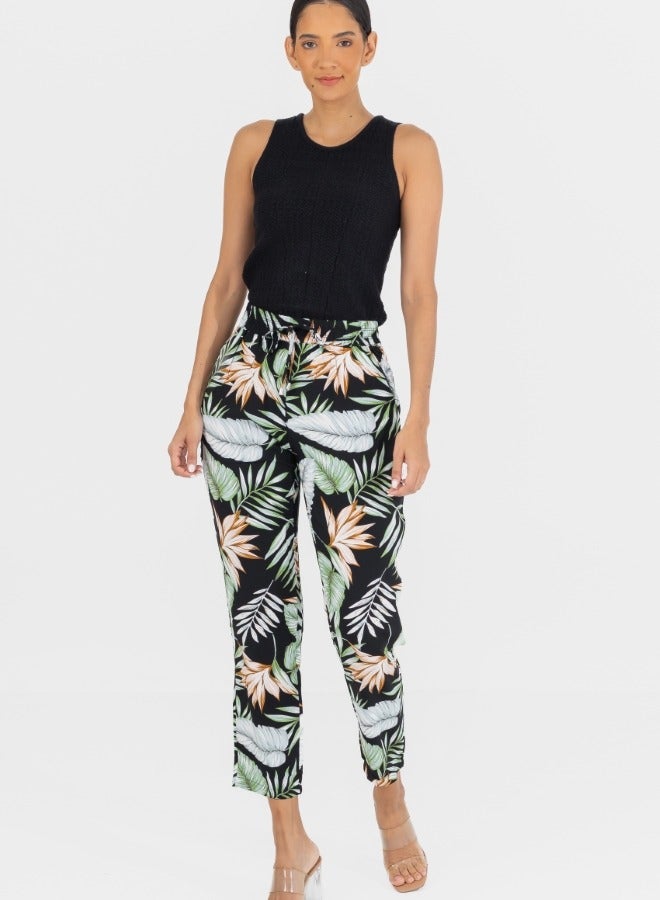 Tropical Print High-Waisted Elastic Waist Pants - Black