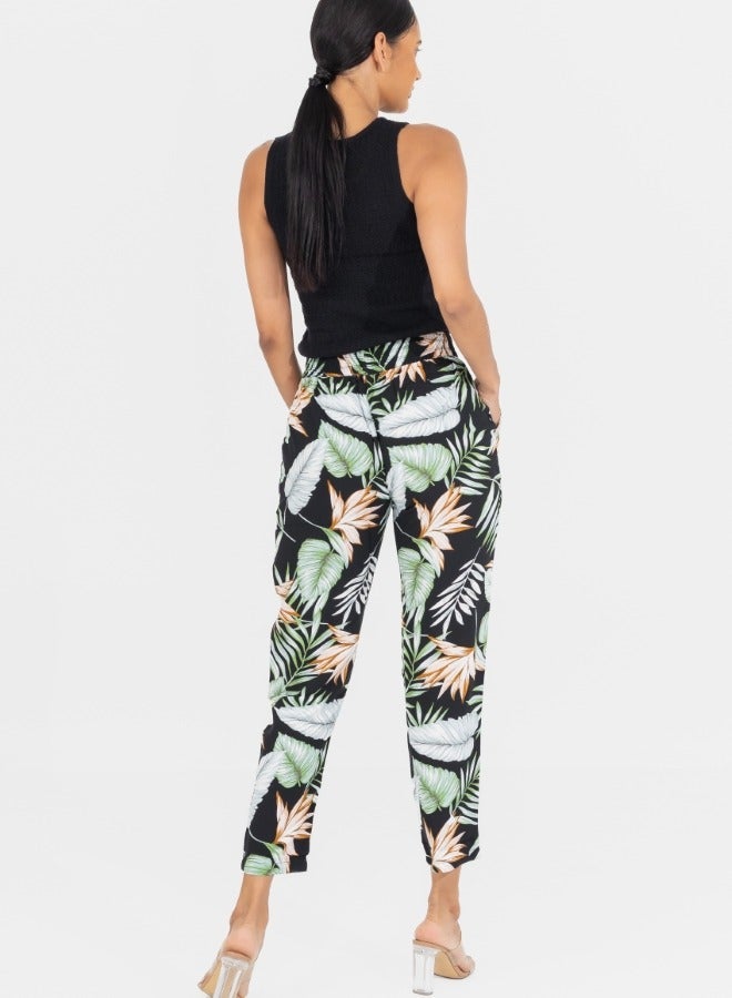 Tropical Print High-Waisted Elastic Waist Pants - Black