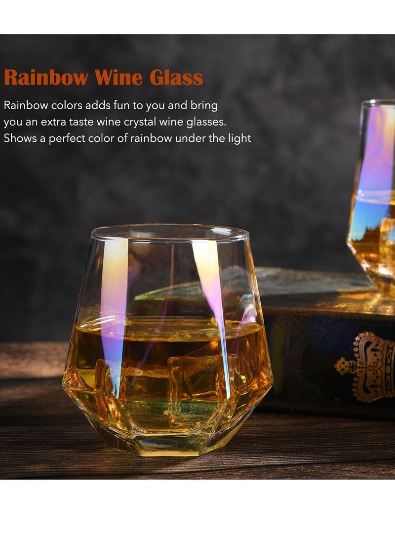 Colorful Diamond Stemless Wine Glass, 4 Piece Modern Rainbow Dazzling Frosted Hexagonal Glass Water Glass Gold Whiskey Glass Home Milk Glass for Holding White Wine, Red Wine, Etc.