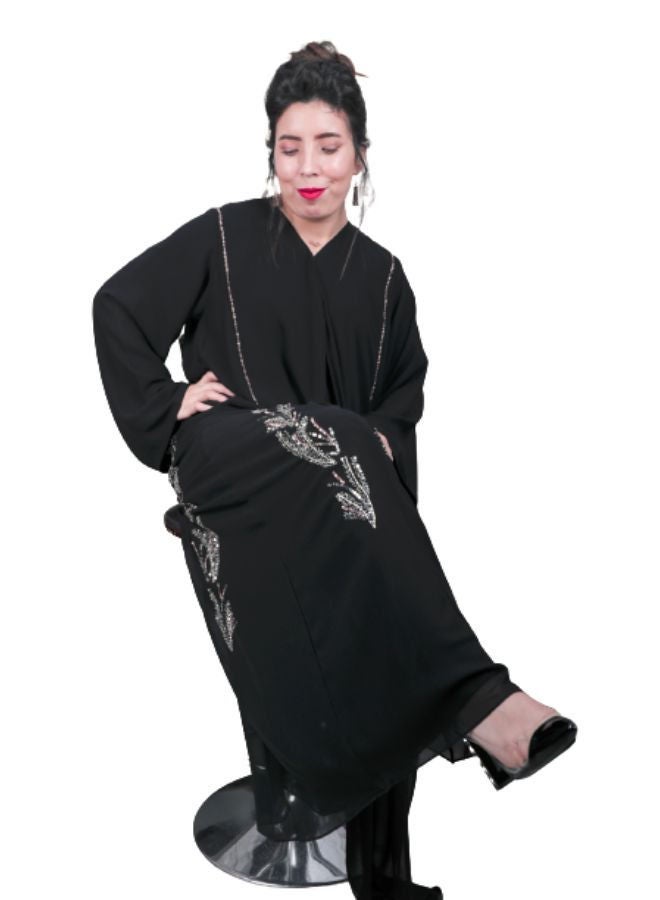 Yes Abaya Double Chiffon Black With Front Side Hand Work in Pink Silver