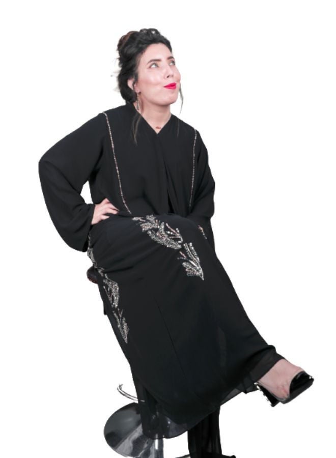 Yes Abaya Double Chiffon Black With Front Side Hand Work in Pink Silver