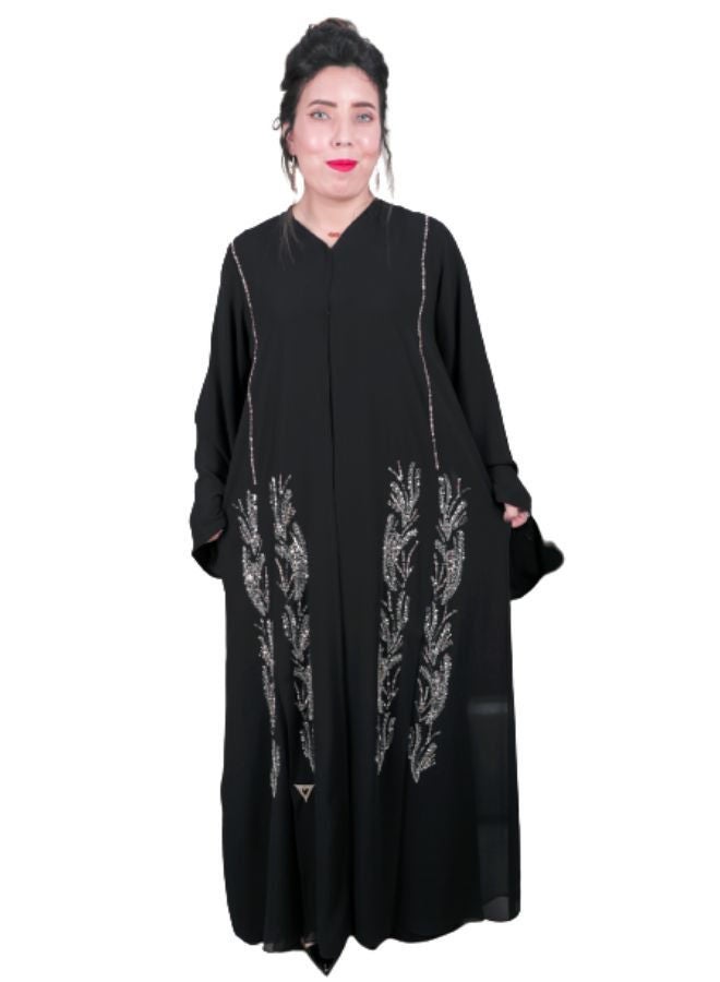 Yes Abaya Double Chiffon Black With Front Side Hand Work in Pink Silver