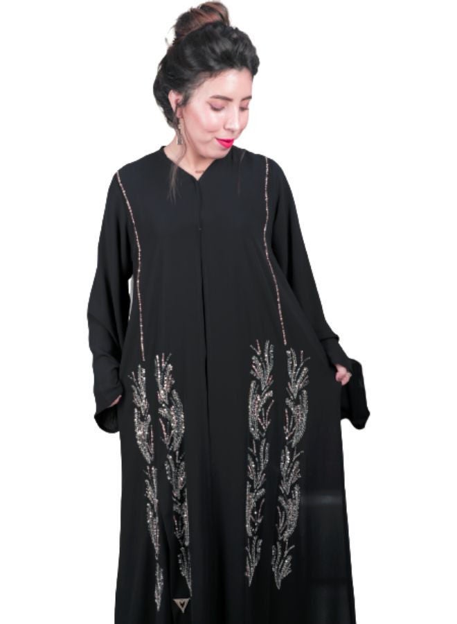 Yes Abaya Double Chiffon Black With Front Side Hand Work in Pink Silver