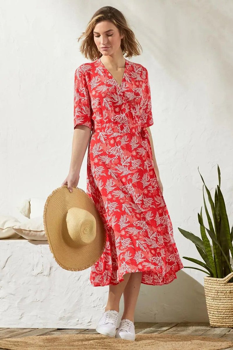 Women Allover Print Short Sleeve Wrap Dress, Orange