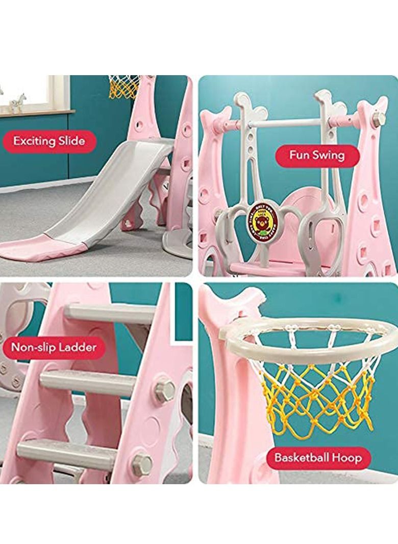 Toddlers Slide and Swing Set 4 in 1 Kids Freestanding Climber Slide Playset for Boys Girls with Basketball Hoop Extra Long Slide Easy Set Up Baby Playset for Indoor Outdoor Backyard