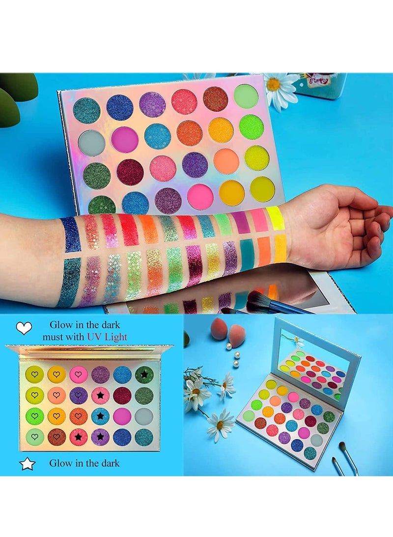 Glow in the Dark Makeup, Face Body Paint Neon, Matte, and Glitter, 24 Colors Highly mented Eyeshadow Kit with 4 Brushes for New Year Non-Toxic & Smudgeproof