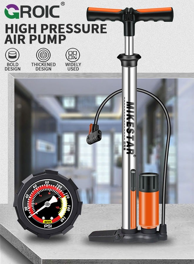 Bike Pump with Pressure Gauge, Bicycle Air Pump for All Valves, 11 Bar/160 Psi Bike Floor Pump, Bike Tire Pump for e-Bikes, Mountain Bikes, Ball, Bicycle Pump for Presta and Schrader Valve