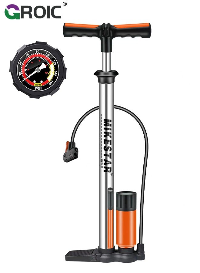 Bike Pump with Pressure Gauge, Bicycle Air Pump for All Valves, 11 Bar/160 Psi Bike Floor Pump, Bike Tire Pump for e-Bikes, Mountain Bikes, Ball, Bicycle Pump for Presta and Schrader Valve