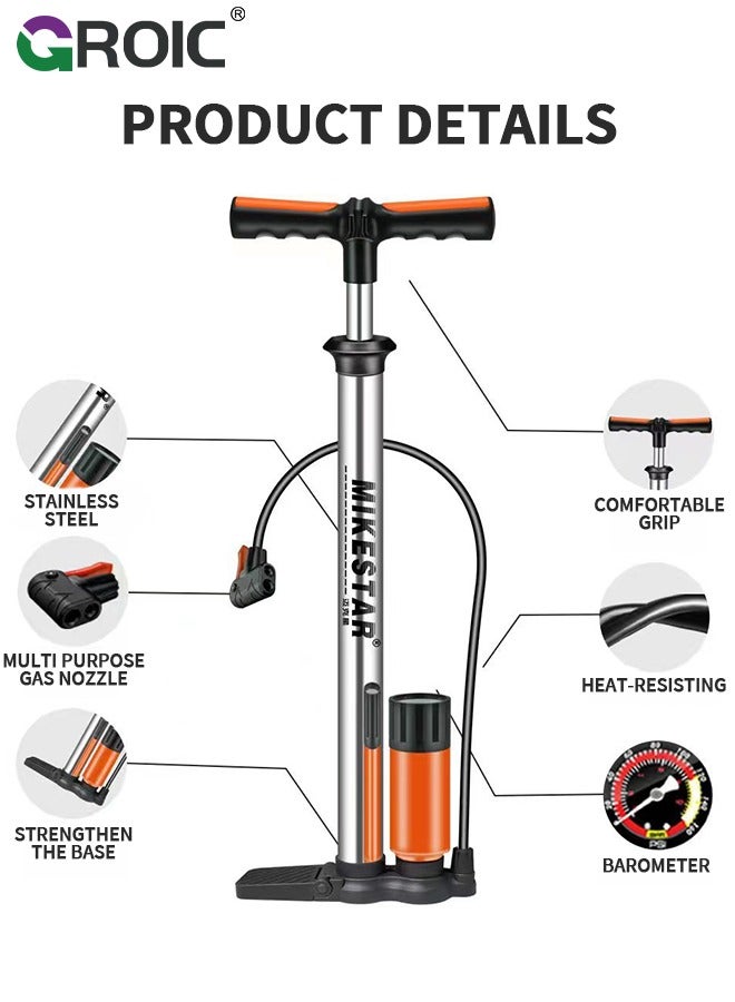 Bike Pump with Pressure Gauge, Bicycle Air Pump for All Valves, 11 Bar/160 Psi Bike Floor Pump, Bike Tire Pump for e-Bikes, Mountain Bikes, Ball, Bicycle Pump for Presta and Schrader Valve