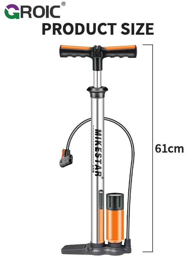 Bike Pump with Pressure Gauge, Bicycle Air Pump for All Valves, 11 Bar/160 Psi Bike Floor Pump, Bike Tire Pump for e-Bikes, Mountain Bikes, Ball, Bicycle Pump for Presta and Schrader Valve