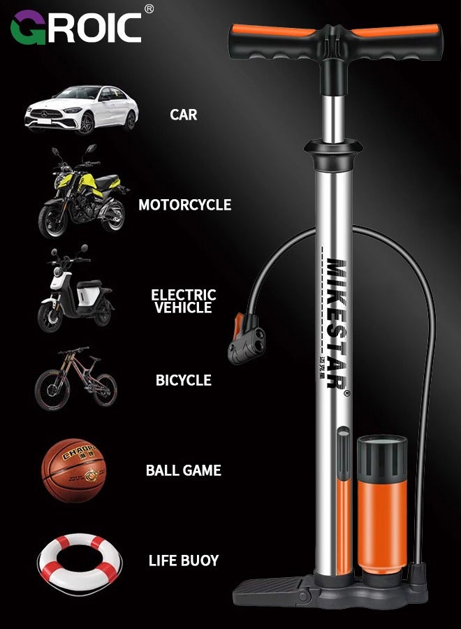 Bike Pump with Pressure Gauge, Bicycle Air Pump for All Valves, 11 Bar/160 Psi Bike Floor Pump, Bike Tire Pump for e-Bikes, Mountain Bikes, Ball, Bicycle Pump for Presta and Schrader Valve