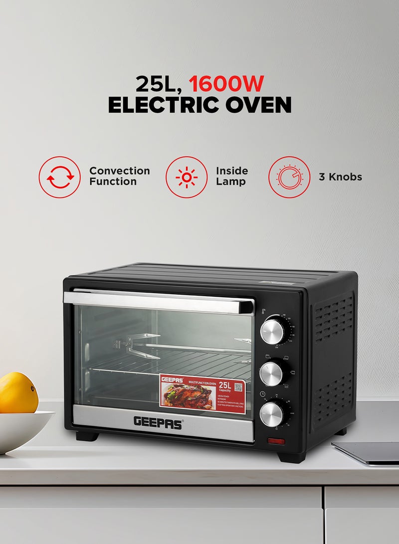 Electric Oven With Rotisserie, 60 Minutes Timer With Bell Ring, 100-250°C Adjustable Temperature, 6 Stages Heating Selector, Power Indicator Light, Accessories:-Food Tray, Tray Handle, Wire Rack, Rotisserie Handle, Rotisserie Fork 25 L 1600 W GO34040 Black