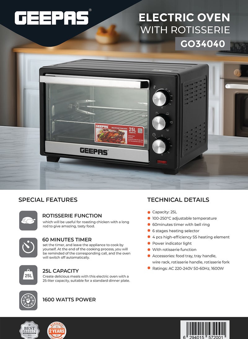 Electric Oven With Rotisserie, 60 Minutes Timer With Bell Ring, 100-250°C Adjustable Temperature, 6 Stages Heating Selector, Power Indicator Light, Accessories:-Food Tray, Tray Handle, Wire Rack, Rotisserie Handle, Rotisserie Fork 25 L 1600 W GO34040 Black