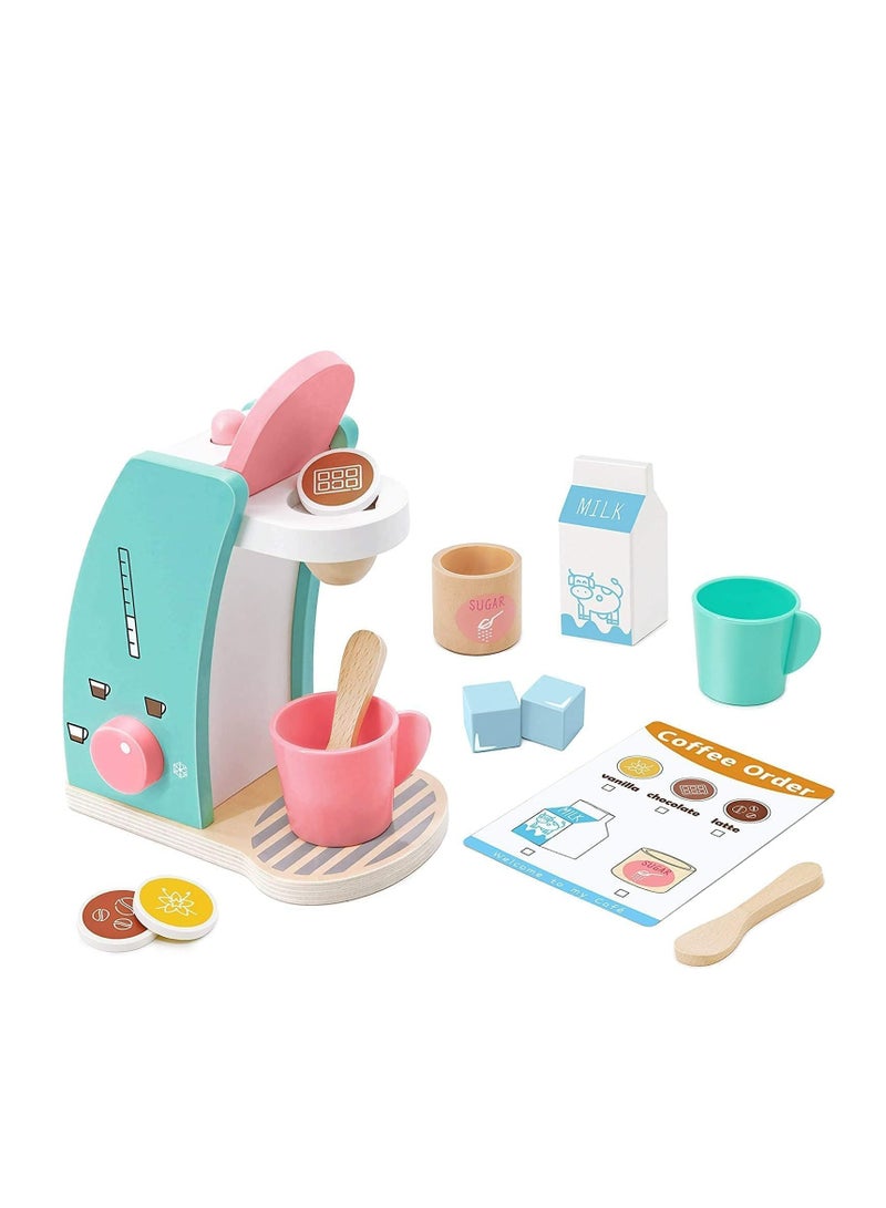 Play Kitchen Set- Brew & Serve Wooden Coffee Maker Set, Encourages Imaginative Play, 13 Pieces, Upgraded Toy Coffee Set for Kids-Fun and Colorful for Girls and Boys