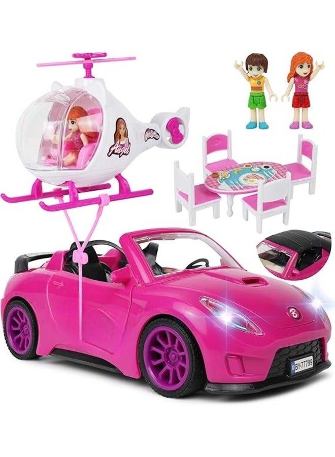 Pink Barbie Convertible Stylish Two-Seater Car with Helicopter Perfect for Playtime Adventures