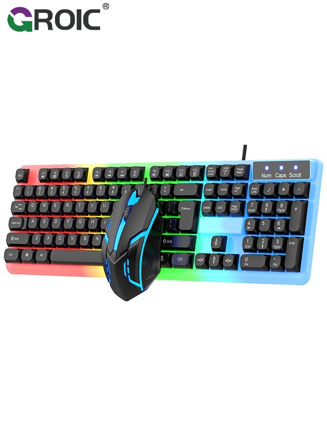 Black Adjustable Backlight Colorful Mechanical Feel Keyboard and Mouse Kit, LED 104 Keys USB Wired Keyboard Floating Key Anti-slip Keyboard and Mouse Kit for Windows PC Gamer