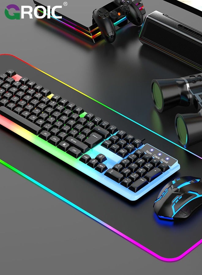 Black Adjustable Backlight Colorful Mechanical Feel Keyboard and Mouse Kit, LED 104 Keys USB Wired Keyboard Floating Key Anti-slip Keyboard and Mouse Kit for Windows PC Gamer