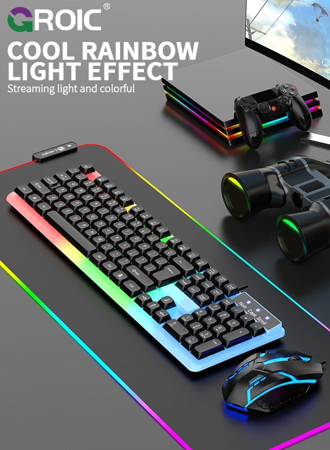 Black Adjustable Backlight Colorful Mechanical Feel Keyboard and Mouse Kit, LED 104 Keys USB Wired Keyboard Floating Key Anti-slip Keyboard and Mouse Kit for Windows PC Gamer