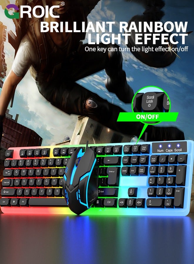 Black Adjustable Backlight Colorful Mechanical Feel Keyboard and Mouse Kit, LED 104 Keys USB Wired Keyboard Floating Key Anti-slip Keyboard and Mouse Kit for Windows PC Gamer