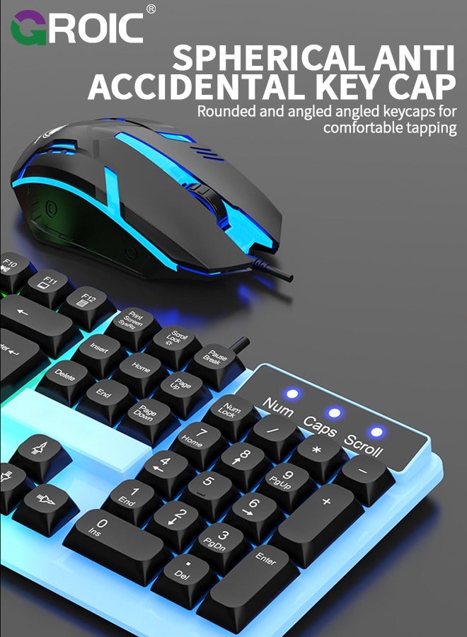 Black Adjustable Backlight Colorful Mechanical Feel Keyboard and Mouse Kit, LED 104 Keys USB Wired Keyboard Floating Key Anti-slip Keyboard and Mouse Kit for Windows PC Gamer