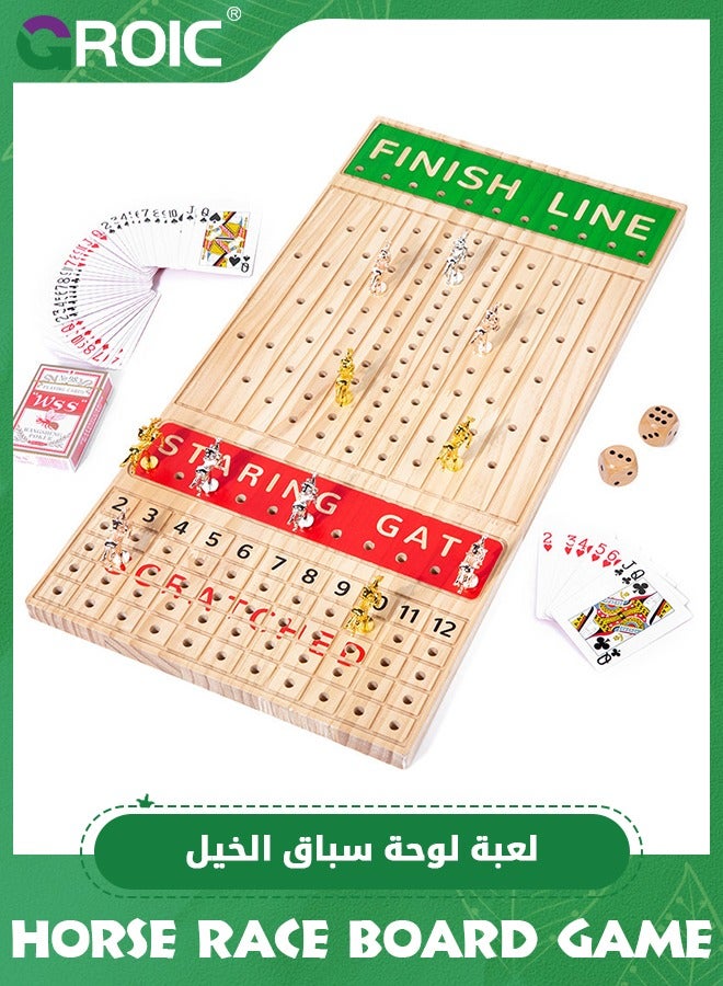 Horse Racing Board Game, 23.2 Inches Solid Wood Horse Race Card and Dice Board Game, Luxury Set with 11 Metal Horses, Dices and 2 Boxes of Cards, Family Tabletop Game Solid Wood Horse Racing Game