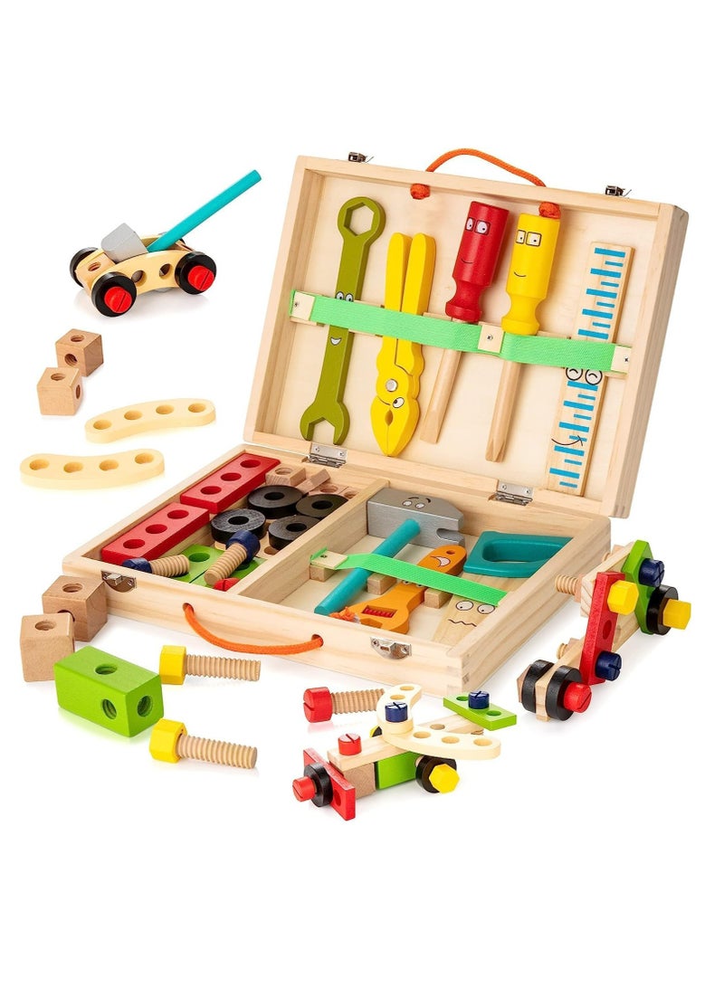 Tool Kit for Kids, Wooden Toddler Tools Set Including Tool Box & DIY Stickers, Montessori Educational STEM Construction Toys for 3 4 5 6 7 Years Old