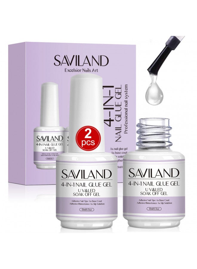 Saviland Gel Nail Glue 2pcs 15ML, 4-in-1 Nail Glue Gel Set, Upgraded Glue on Nails, Fake Nails & Press on Nails, Gel Base Strengthen for Nails, Replacement for Nail Glue, Nail Repair Treatment