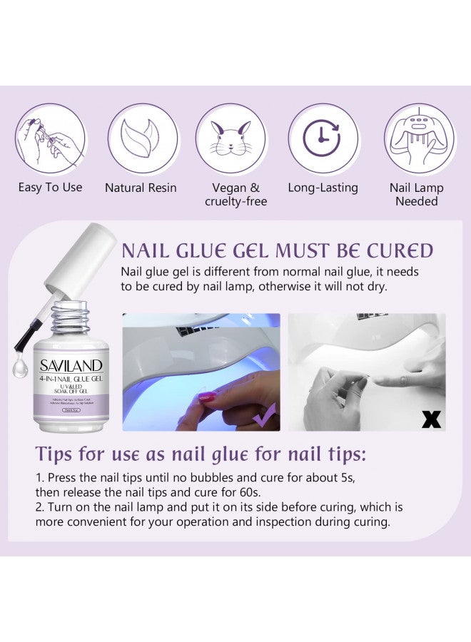 Saviland Gel Nail Glue 2pcs 15ML, 4-in-1 Nail Glue Gel Set, Upgraded Glue on Nails, Fake Nails & Press on Nails, Gel Base Strengthen for Nails, Replacement for Nail Glue, Nail Repair Treatment