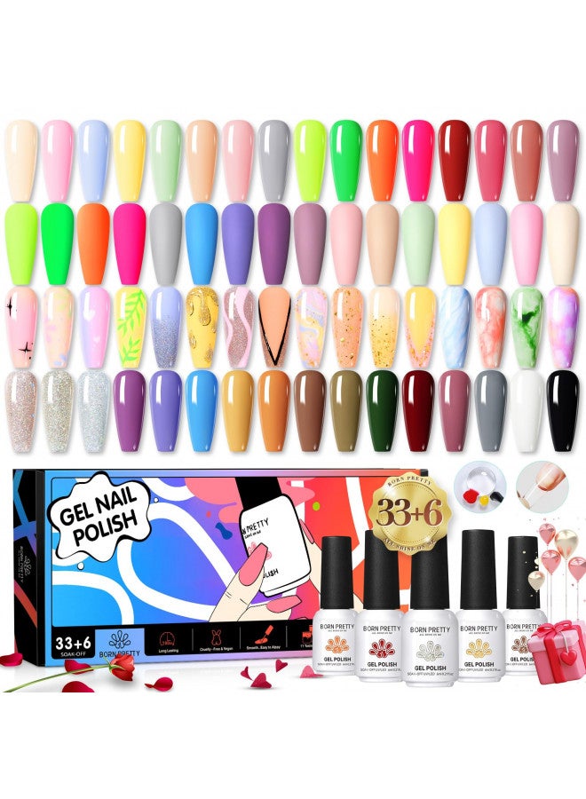 Born Pretty 39PCS Neon Gel Nail Polish Set Spring Summer Candy Pastel Color Gel with Base Top Coat Blooming Gel Nude Pink Yellow Green Blue Glitter Colors Holiday Gel Polish Nail Art Gifts Collection