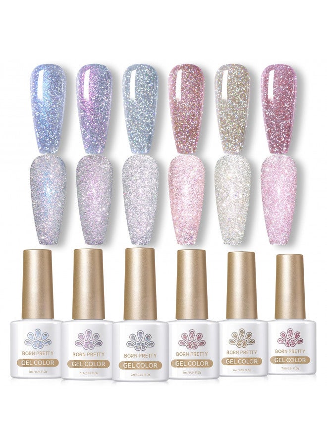 Born Pretty Reflective Glitter Gel Polish,Sparkly Shiny Disco DJ LED Gel Nail Polish Nail Varnish 6PCS 7ML