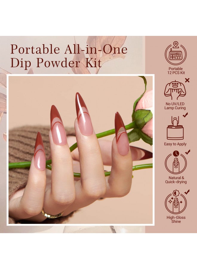 AZUREBEAUTY Dip Powder Nail Kit Starter, 4 Colors Skin Nude Brown Glitter, Acrylic Dipping Powder Liquid Set with Base/Top Coat Activator for Daily French Nail Art Manicure DIY Gift 12 Pcs