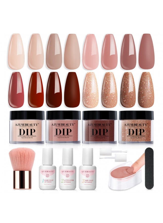 AZUREBEAUTY Dip Powder Nail Kit Starter, 4 Colors Skin Nude Brown Glitter, Acrylic Dipping Powder Liquid Set with Base/Top Coat Activator for Daily French Nail Art Manicure DIY Gift 12 Pcs