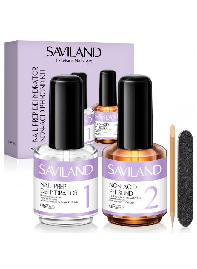 Saviland Nail Dehydrator and Non-acid PH Bond Set - Nail Prep Dehydrate and Acid-free PH Bond, Fast Air Dry Long-Lasting Superior Bonding Nail Prep Set for U V Gel Nail Polish Acrylic Powder Gift Box Set