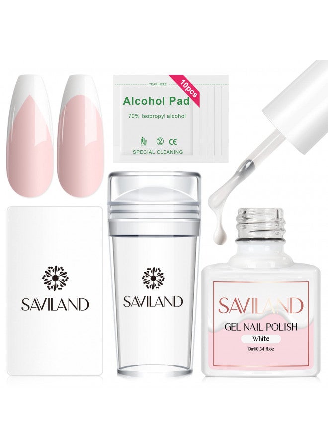 Saviland French Manicure Kit - 4PCS French Tip Nail Tool with White French Manicure Gel Polish, French Nail Stamper and Scraper Nail Stamper Kit for French Nails Home DIY Salon