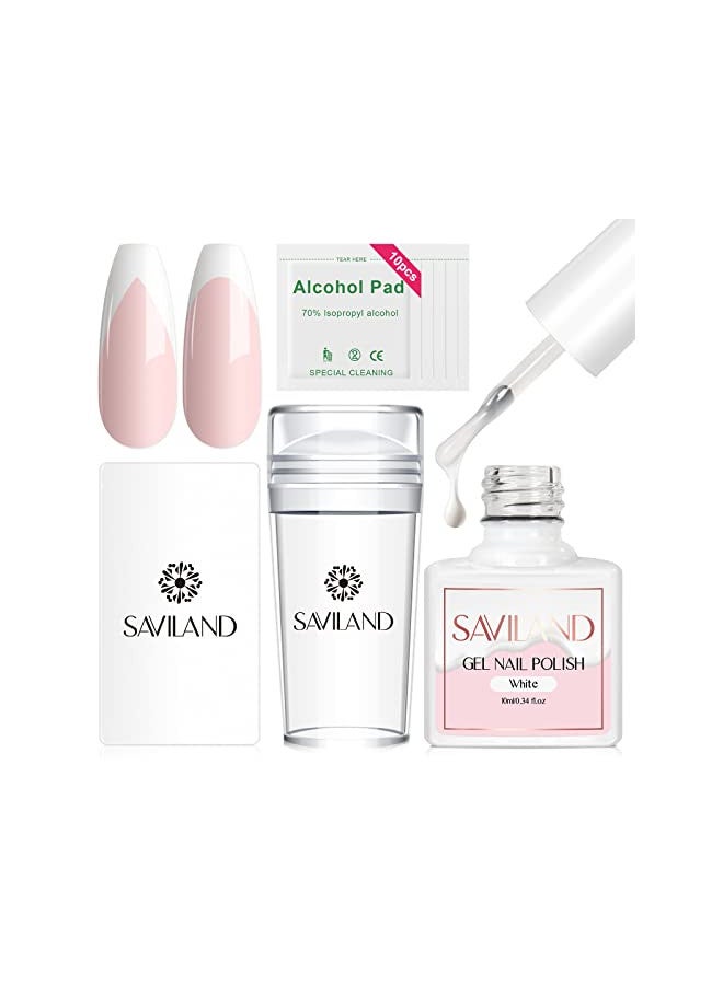 Saviland French Manicure Kit - 4PCS French Tip Nail Tool with White French Manicure Gel Polish, French Nail Stamper and Scraper Nail Stamper Kit for French Nails Home DIY Salon