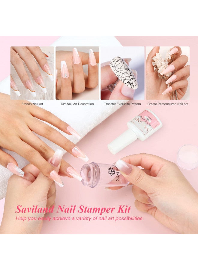 Saviland French Manicure Kit - 4PCS French Tip Nail Tool with White French Manicure Gel Polish, French Nail Stamper and Scraper Nail Stamper Kit for French Nails Home DIY Salon