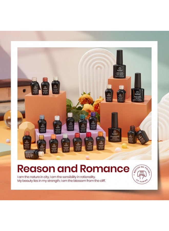 Beetles 23Pcs Gel Nail Polish Kit with Base Gel Top Coat Reason and Romance Collection Orange Brown Burgundy Red Gray Golden Soak off U V Nail Lamp Gel Polish Set Manicure Gifts for Women