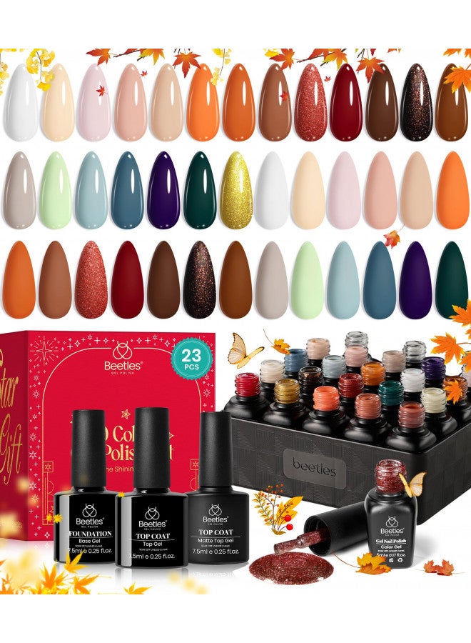 Beetles 23Pcs Gel Nail Polish Kit with Base Gel Top Coat Reason and Romance Collection Orange Brown Burgundy Red Gray Golden Soak off U V Nail Lamp Gel Polish Set Manicure Gifts for Women