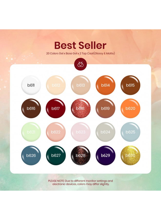 Beetles 23Pcs Gel Nail Polish Kit with Base Gel Top Coat Reason and Romance Collection Orange Brown Burgundy Red Gray Golden Soak off U V Nail Lamp Gel Polish Set Manicure Gifts for Women