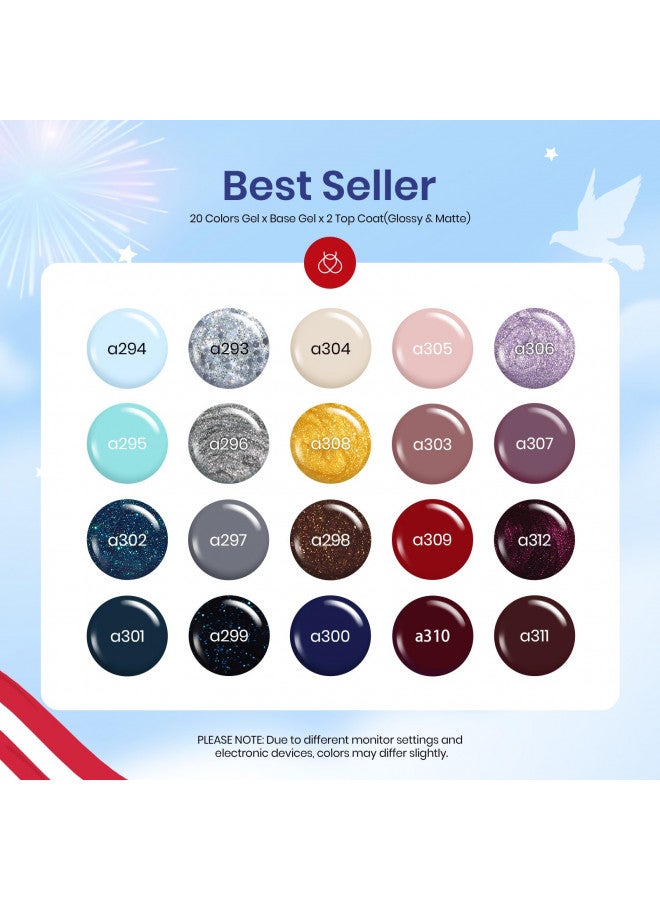 beetles Gel Polish Kit 20 Pcs Free Spirit Collection Burgundy Red Glitte Fall Blue Gray Purple Gel Nail Polish Soak Off Glossy & Matte Top Base Coat DIY Manicure Gifts for Women